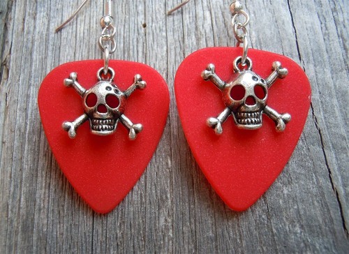 Skull & Crossbones Charm Guitar Pick Earrings with Surgical Steel Earwires - Picture 17 of 17
