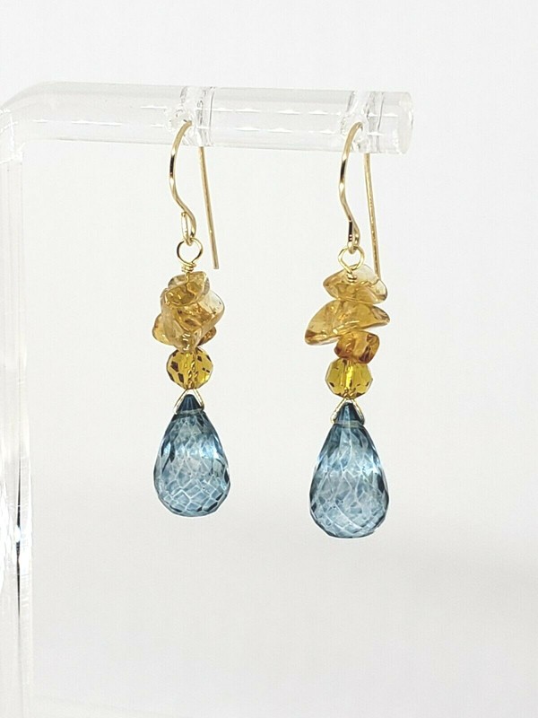 14k Yellow Gold Blue Topaz Briolette and Raw Citrine Nuggets Dangle Earrings