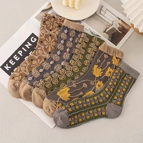 5 Pairs Women's Knitted Polyester Socks Floral Mid Tube Warm Ideal Winter Gift