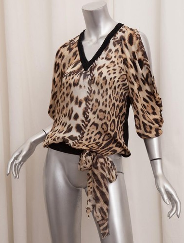 ROBERTO CAVALLI Womens $1215 Brown Silk Leopard Print Blouse Top S NEW NWT - Picture 3 of 5