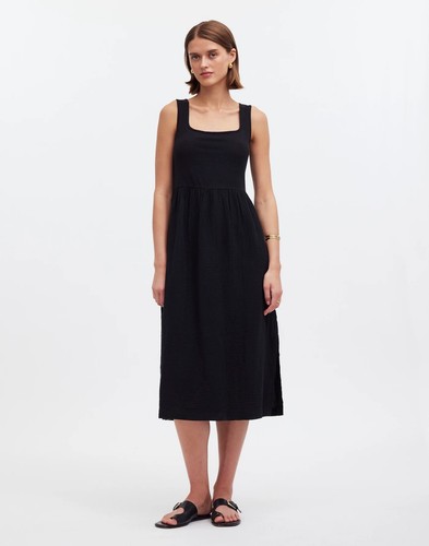 Madewell Tank Dress Women XXS Black Midi Crepe A-Line Textured Sleeveless Cotton
