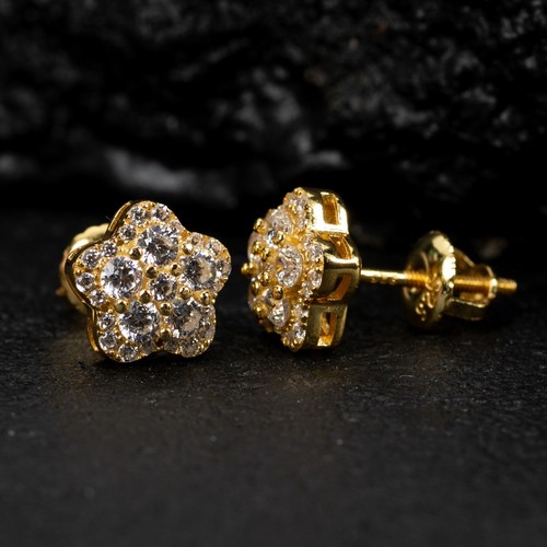 Flower Cluster Star Men Iced Yellow Gold Sterling Silver Hip Hop Stud Earrings - Picture 6 of 6