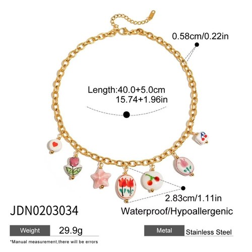 Stainless Steel Sweet Ceramic Necklace Flower Design Heart Flower Pendant - Picture 2 of 10