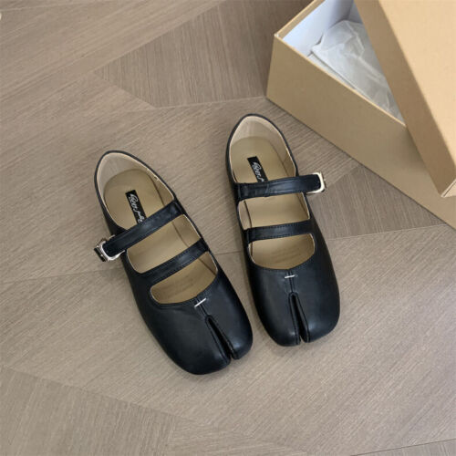 Para mujer Informal Cuero Hueco Tabi Puntera Dividida Mary Janes Correa con Hebilla Zapatos Planos - Imagen 4 de 7