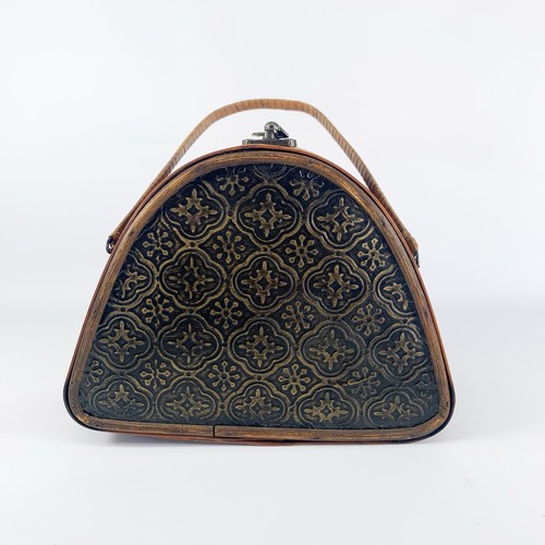 Vintage Wood & Metal Box Handbag Purse Embossed Brown Natural Hinge Latch Boho - Picture 3 of 13