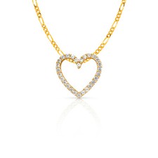 14K Yellow Gold Open Fancy Heart CZ Charm Pendant 2mm Figaro 3 1 Chain Necklace