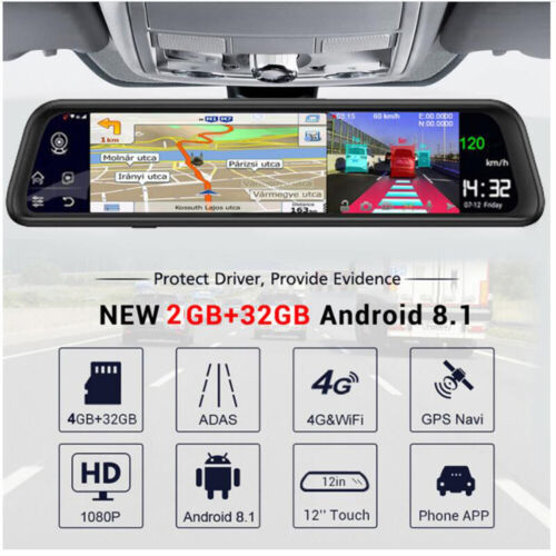 12" 4G Special bracket Car Camera rearview Android Mirror ADAS Remote Dash Cam - Picture 3 of 12