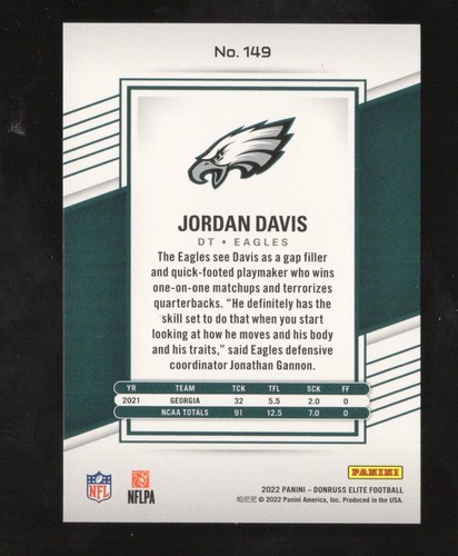 2022 Donruss Elite - Green Rookie #149 Jordan Davis (RC) - Philadelphia Eagles  - Bild 2 von 2