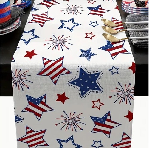 Patriotic Stars Linen Table Runner 13x72 in.