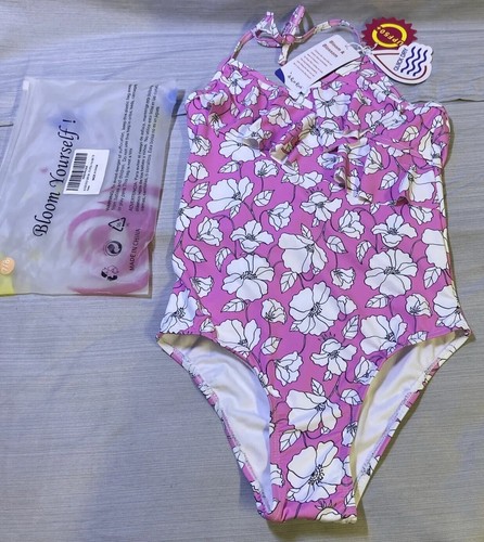 AS ROSE RICH Girls Swimsuit - One Piece Bathing, Pink w/ White Flowers- Sz:7/8 - Picture 1 of 6
