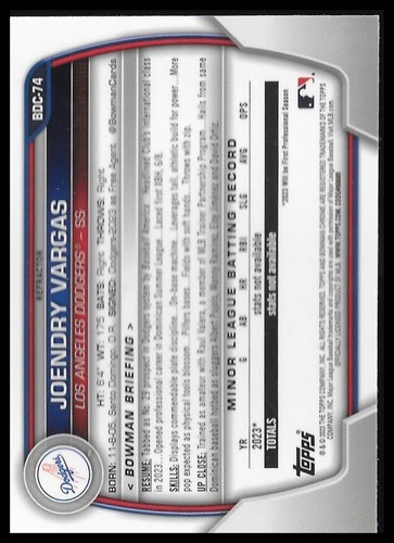2023 Bowman Draft #BDC-74 Joendry Vargas Chrome Refractor Los Angeles Dodgers - Picture 2 of 2