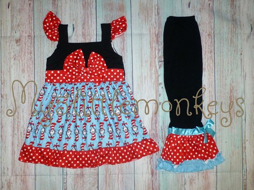 NEW Dr Seuss Cat in the Hat Ruffle Tunic Dress Girls Boutique Outfit Set  - Picture 6 of 11