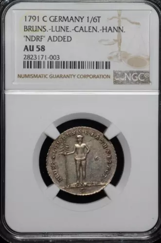 1791, German States, Bruns-Lune-Calen-Hann 1/6 Thaler, Wildman, AU58 NGC