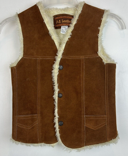 Vintage Lederweste Jugend 7 Sherpa gefüttert Druckknopf Wildleder Taschen Western Scheune Hausarbeit lesen