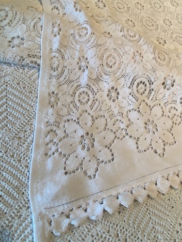 OFF WHITE ALL OVER MACHINE LACE FLORAL COTTON BEDSPREAD 88" W X 84" L - Picture 3 of 8