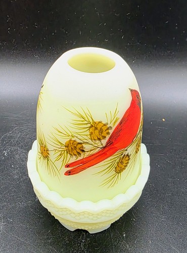 Vintage Fenton Custard Art Glass Fairy Lamp Cardinals In Winter No. 7300 UV Glow - Picture 8 of 10