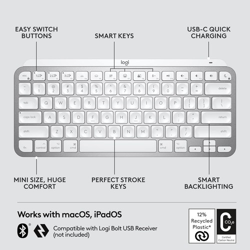Logitech MX Keys Mini for Mac Minimalist Wireless Keyboard, Compact, Bluetooth, - Picture 4 of 10