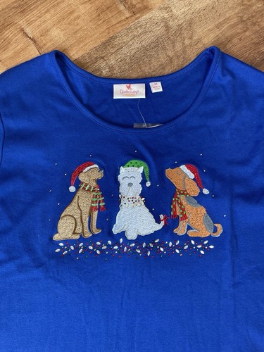 Quacker Factory Damenoberteil Größe 2X blau Hunde Langarm Urlaub Weihnachten Perlen - Bild 2 von 10