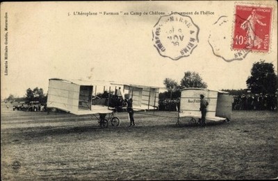 Postcard Aeroplane Farman au Camp de Chalons, Lancement de l'helice - 4709864