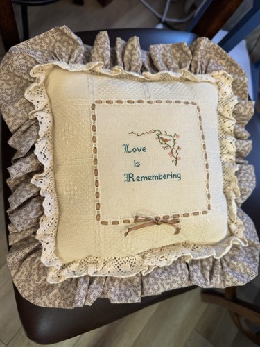 LOVE IS REMEMBERING Calico Accent Pillow Ruffle Granny Cottagecore Handmade 80s