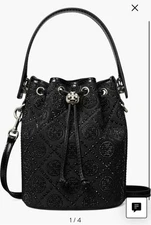 Tory Burch Mini T-Monogram Hot Fix Jacquard Top Handle Bucket In Black New