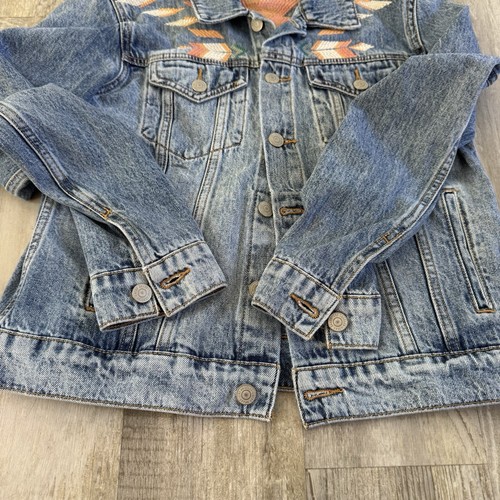 Lucky Brand M Tomboy Trucker Denim Jacket Embroidered Aztec Southwest Western - Bild 7 von 13