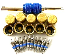 NEW Valve Core Removal Tool + 10 Hvac Schrader Valves + 10 Brass Caps w/ Gaskets