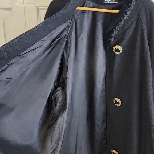 Vintage Lady Suzette Black Long Wool Blend Coat Size 2X Gold Buttons Velvet Lace - Picture 8 of 13