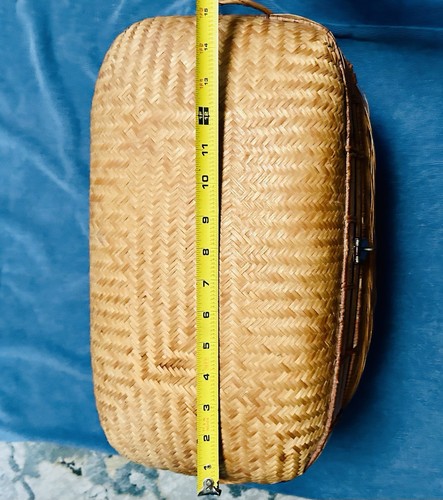 Vintage Chinese Herringbone Weave Cane & Rattan Storage Lidded Basket Trunk - Picture 11 of 23