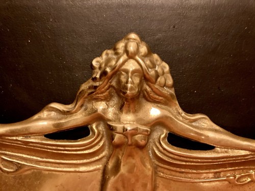 Antique ART NOUVEAU Tray by RENAUD Shapely YOUNG LADY Coin yellow bronze French - Picture 7 of 17