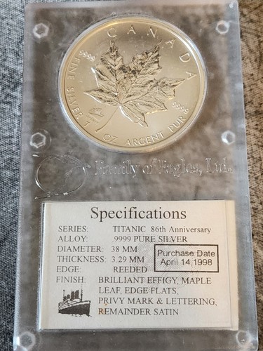 Canadá 1998 $5 hoja de arce Titanic 86 aniversario privado 1 onza plata .9999