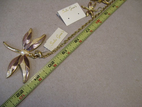 Vtg Sadie Green's Necklace Pendant Earring Set Dragonfly Stones w/ Tags & Box - Picture 15 of 21