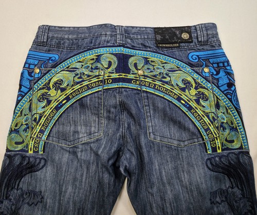 CROWN HOLDER 3/4 Leg Embroidered Baggy Jeans Herren 44 Y2K Urban Hip Hop Wide Legs - Bild 11 von 14