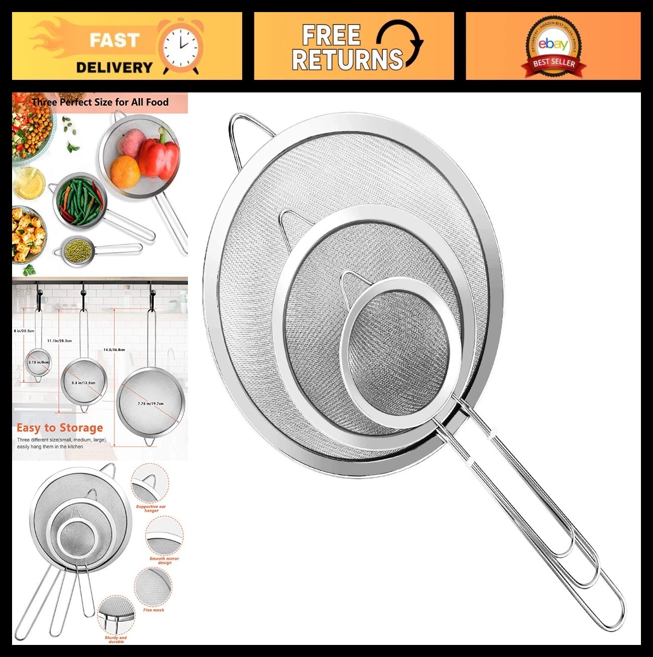 3Pcs Stainless Steel Fine Mesh Strainer Set - Small Medium Large Sifters for Kit