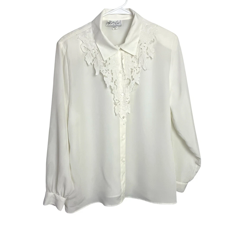 Vintage Kathy Che Blouse Womens 16 White Beaded Floral Victorian 80s 90s USA - Image 2 of 4