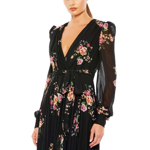 Mac Duggal Black Floral Belted Floral Print Illusion Long Sleeve Gown Size 6 NEW - Picture 13 of 16