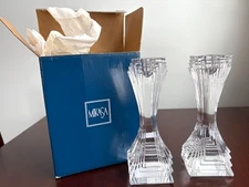 MIKASA Pair of Heavy Lead Crystal "City Lights" Candle Stick Holders 7"