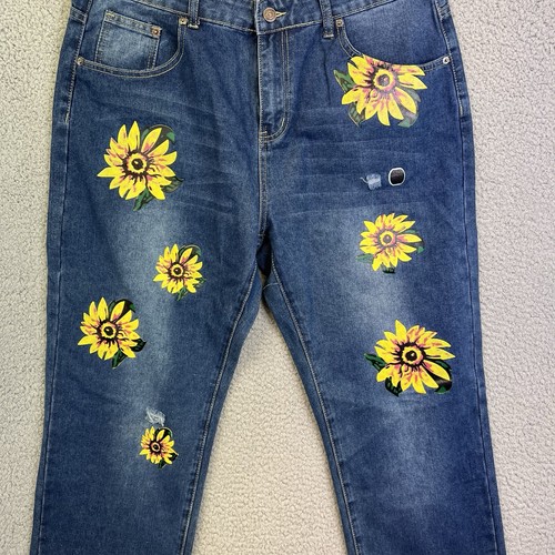 MissLook Womens Jeans Size 2X Sunflower Painted Distressed - Picture 2 of 11
