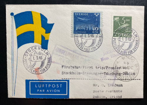 1946 Stockholm Sweden First Flight Airmail Cover To Dublin Ireland ABA - Picture 2 of 3