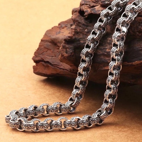 Solid 925 Sterling Silver Mens Heavy 8mm Patterned Rolo Chain Necklace 60cm - Picture 6 of 11