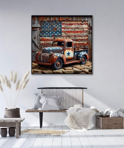 5D Truck Diamond Art Kits for Adults, DIY Full Round Drill American Flag Diamond - Picture 4 of 7