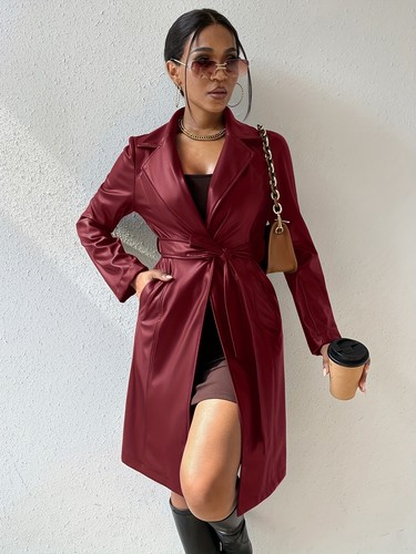 Womens Lether Punk Biker Coat Slim Long Lapel Collar Fit Sexy Long Sleeve Belt - Picture 14 of 14