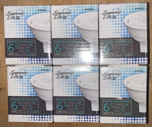 6 Pack Superior Life  LED Bulbs 6.5W =50W 12V MR16 2-Pin GU5.3  3000k NEW Sealed - Picture 1 of 8