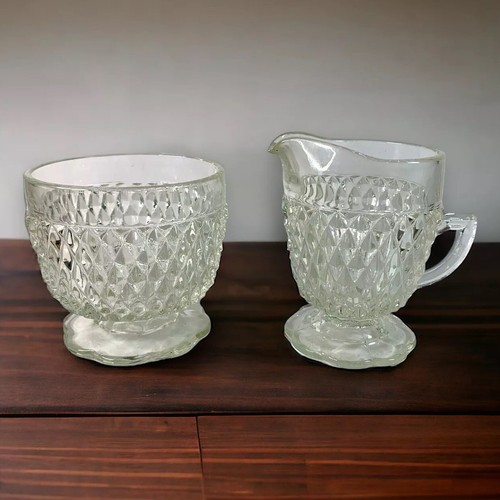 Vintage Clear Indiana Glass Diamond Point Creamer And Sugar Bowl Scallop Base