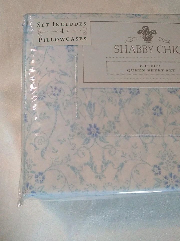 Juego de sábanas Rachel Ashwell Shabby Chic 6 piezas Queen blanco azul floral Foto 4 de 4