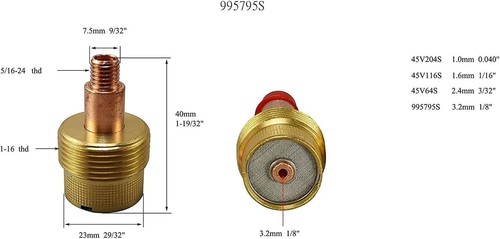 Lente de gas TIG Jumbo 995795S 1/8"" y 3,2 mm ajuste SR WP 9 20 25 TIG antorcha de soldadura 2pk - Imagen 2 de 5