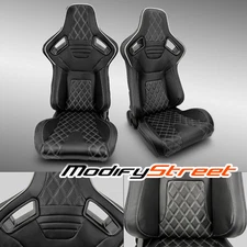 2 x BLACK PVC LEATHER/WHITE STITCH LEFT/RIGHT RACING BUCKET SEATS PAIR