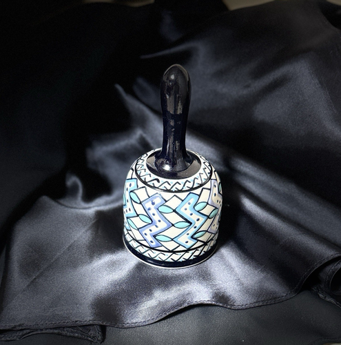 Handmade Mexican Bell by Javier Servin Clay Ceramic 5.25” tall 1997 raised paint - Picture 2 of 12