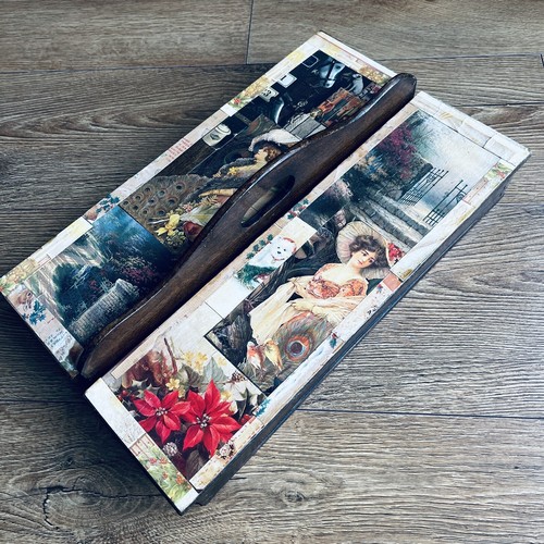 Vintage Wooden Box Carrying Tray Handle Artist Tool Decoupage Lids 39x24x10cm - Picture 3 of 22