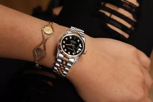 Rolex Datejust 31 mm Black Dial Two Tone Diamond Watch Gold Bezel - Picture 7 of 8